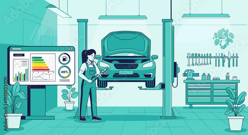 Female mechanic inspecting car on lift with diagnostic screen.