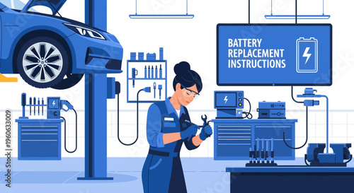 Female Mechanic Performing Car Battery Replacement Service.