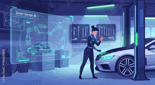 Female Mechanic Inspecting Futuristic Car with Holographic Display.