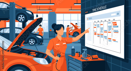 Female mechanic pointing at time schedule board in auto repair shop.