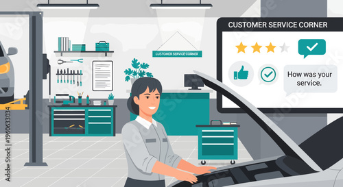 Female mechanic working on car engine customer service feedback screen.