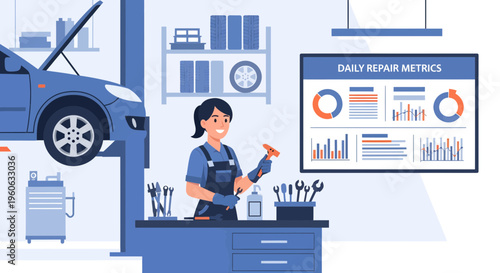 Female Mechanic Working in Auto Repair Shop.