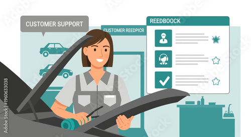 Female mechanic working on car engine customer support.