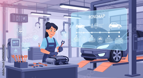 Female mechanic using advanced technology for car repair.