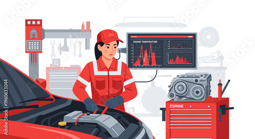 Female mechanic working on car engine diagnostics.