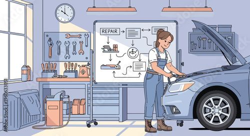 Female mechanic working on car engine in workshop 2.