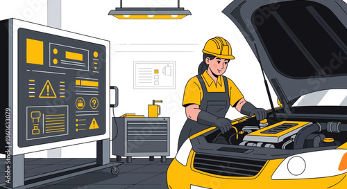 Female mechanic working on car engine with diagnostic screen 1.