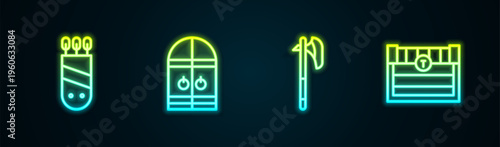 Set line Quiver with arrows, Medieval castle gate, axe and Antique treasure chest. Glowing neon icon. Vector