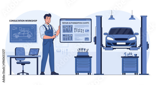 Mechanic Explaining Car Diagnostics on Screen.