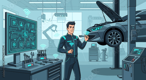 Mechanic Inspecting Advanced Car Technology in Modern Garage.