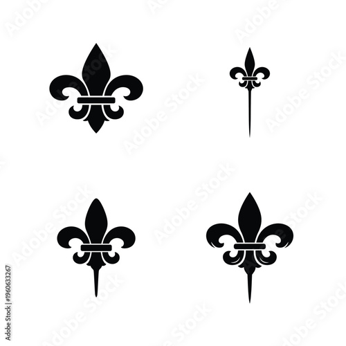 Black fleur de lis symbols with tails on white background signs