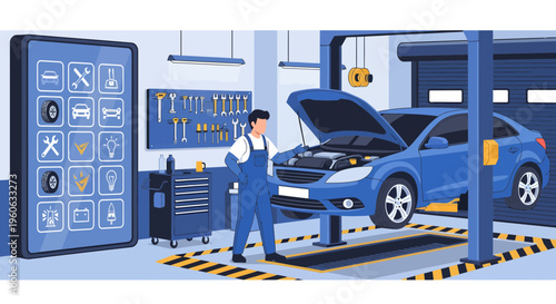 Mechanic Inspecting Blue Car on Lift with Digital Display.