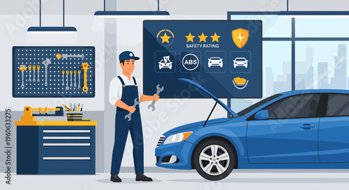 Mechanic Inspecting Blue Car in Modern Auto Repair Shop.