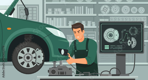 Mechanic Inspecting Car Brakes with Diagnostic Screen.