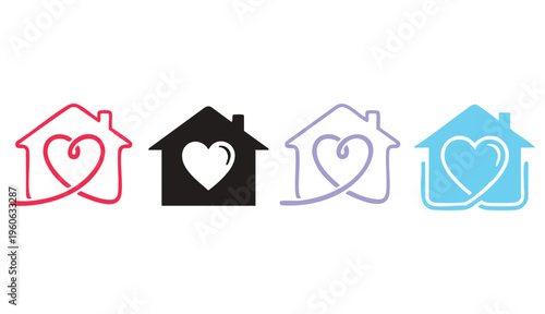 House with heart icon. A home shape combined with a love symbol creates a warm support graphic for charity and family care. This simple design works as a community sign and health-oriented concept