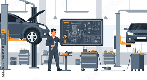 Mechanic Inspecting Car Diagnostic Screen.