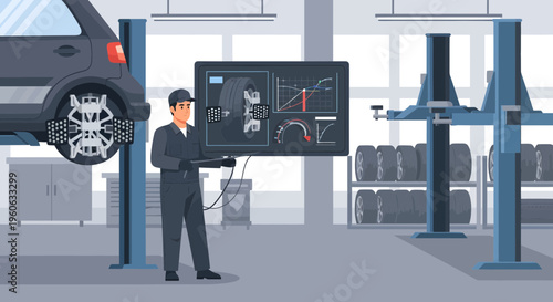 Mechanic Inspecting Car Diagnostic Screen in Auto Repair Shop.