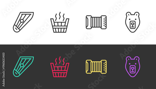 Set line Kankles, Sauna bucket, Accordion and Bear head on black and white. Vector