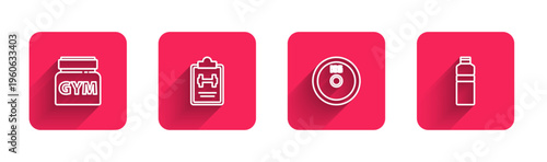 Set line Sports nutrition, training program, Weight plate and Fitness shaker with long shadow. Red square button. Vector