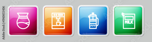 Set line Pour over coffee maker, Coffee machine, French press and Paper package for milk. Colorful square button. Vector