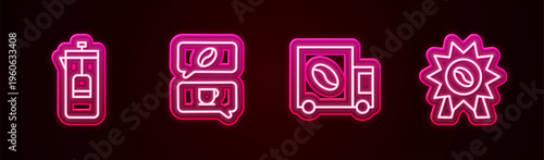 Set line French press, Coffee and conversation, street truck machine and Medal for coffee. Glowing neon icon. Vector
