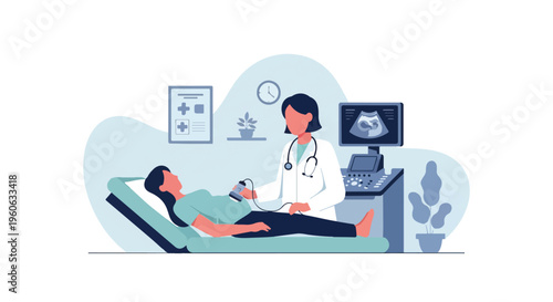 Obstetrician Ultrasound Pregnancy Check with Monitor Screen in Clinic Vector Illustration