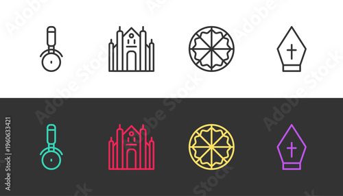 Set line Pizza knife, Milan Cathedral, and Pope hat on black and white. Vector