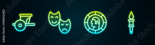 Set line Ancient chariot, Comedy and tragedy masks, Greek coin and Torch flame. Glowing neon icon. Vector