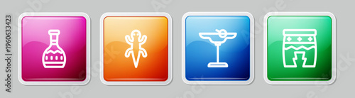 Set line Tequila bottle, Lizard, Margarita cocktail and Huehuetl. Colorful square button. Vector