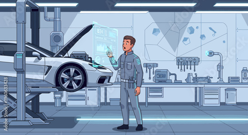 Mechanic Inspecting Futuristic Car with Holographic Display.