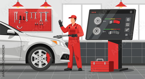 Mechanic Inspecting Car Wheel Alignment on Computer Screen.