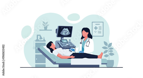 Obstetrician Performing Ultrasound Pregnancy Check with Monitor Screen in Clinic Vector Illustration