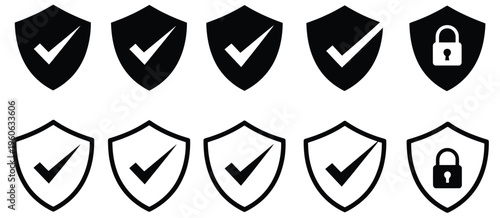 Shield check mark icon and shield lock icon privacy symbol, security shield protection icon with tick symbol, verified safety badge design, encrypted data protection symbol, secure access approval 