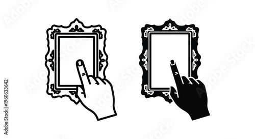 Hand touching a vintage picture frame, interactive digital display concept