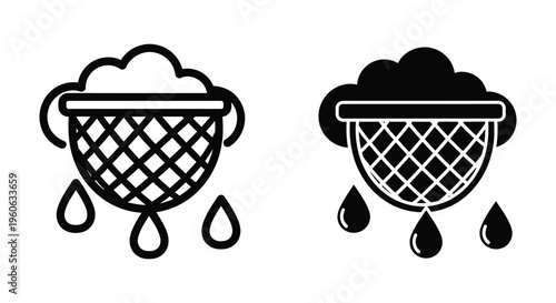 Set of colander with foam and water drops icons