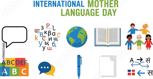 Celebrate International Mother Language Day with a variety of symbols representing communication, learning, and diversity