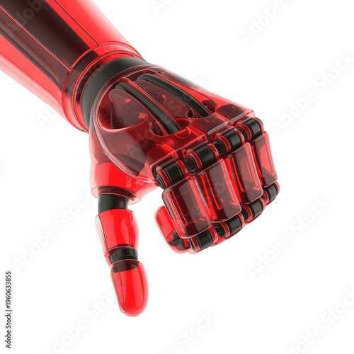 Red robotic hand with fist and index finger extended isolated on a transparent background