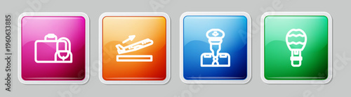 Set line Suitcase, Plane takeoff, Pilot and Hot air balloon. Colorful square button. Vector