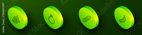 Set Isometric line Watermelon, Tomato, Fresh cucumber and icon. Vector