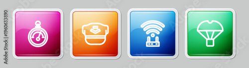 Set line Barometer, Pilot hat, Router and wi-fi signal and Box flying on parachute. Colorful square button. Vector