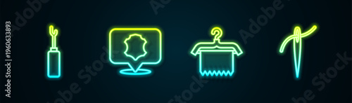 Set line Awl tool, Leather, Hanger wardrobe and Needle with thread. Glowing neon icon. Vector