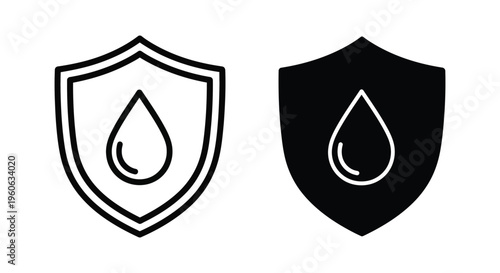 Shield icon with water drop, protection against moisture, vector illustration