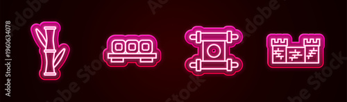 Set line Bamboo, Sushi on cutting board, Decree, paper, parchment, scroll and Great wall of China. Glowing neon icon. Vector
