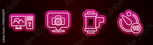 Set line Photo retouching, camera, Camera roll cartridge and timer. Glowing neon icon. Vector
