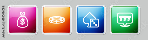 Set line Money bag, Casino chips, Game dice and Slot machine with jackpot. Colorful square button. Vector