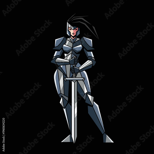 Female Knight Warrior in Full Plate Armor Holding Sword, Fantasy Character Art