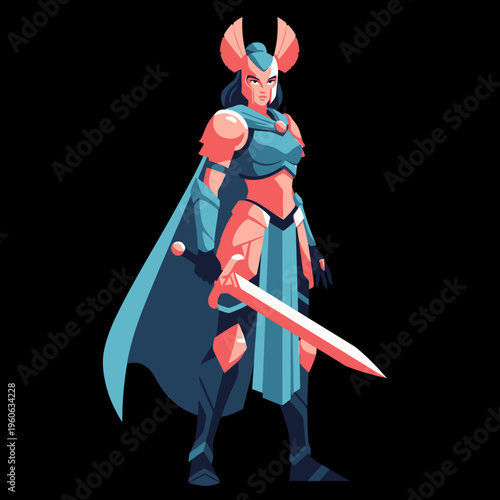 Female Warrior with Sword and Armor, Fantasy Character Illustration