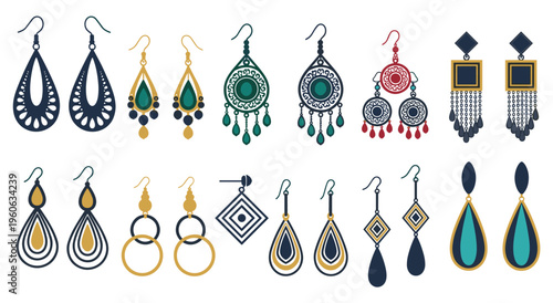 Collection of dangling earrings with teardrop shapes and geometric patterns