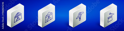 Set Isometric line Circus tent, , Hot air balloon and Magic hat and wand icon. Vector