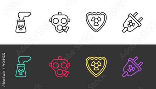 Set line Nuclear power plant, Gas mask, Radioactive in shield and Radiation electrical plug on black and white. Vector